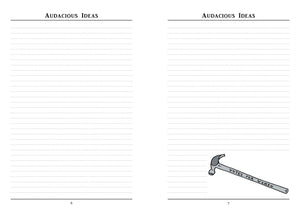 A double page spread inside the notebook. Both pages are headed “Audacious Ideas” and the pages are blank lined. At the bottom of the right page is a hammer with “Votes For Women” on the side of the handle.