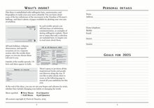 Load image into Gallery viewer, Double page spread from inside the diary. The left page shows information about the diary and advice for how best to use it. The right page has space for personal details in the top half, and “Goals for 2025” and lines in the bottom half.