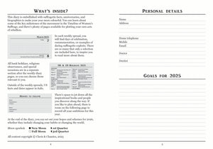 Double page spread from inside the diary. The left page shows information about the diary and advice for how best to use it. The right page has space for personal details in the top half, and “Goals for 2025” and lines in the bottom half.