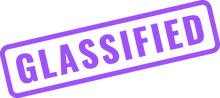 Load image into Gallery viewer, The logo for Glassified, made to represent a “Classified” stamp with an upwards slope in a purple colour.