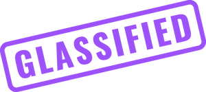 The logo for Glassified, made to represent a “Classified” stamp with an upwards slope in a purple colour.